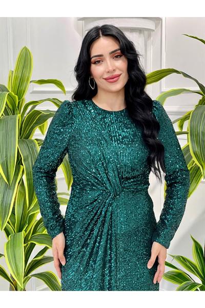 Bel Düğüm Payet Elbise 4083 Zümrüt Yeşil