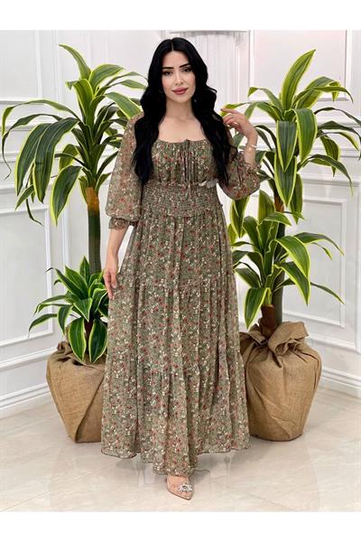Bel Gipeli  Şifon Elbise 5160 Haki