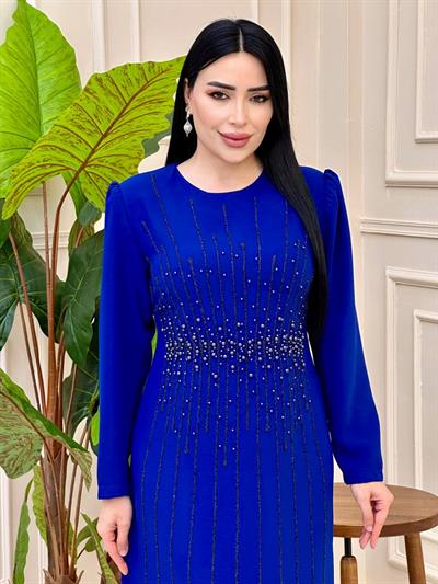 Bel İnci İşleme Krep Elbise 2101 e025 Saks