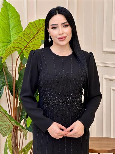Bel İnci İşleme Krep Elbise 2101 e025 Siyah