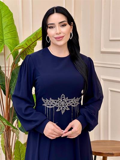 Bel İşleme Eteği Pelerin Elbise 1063 Lacivert