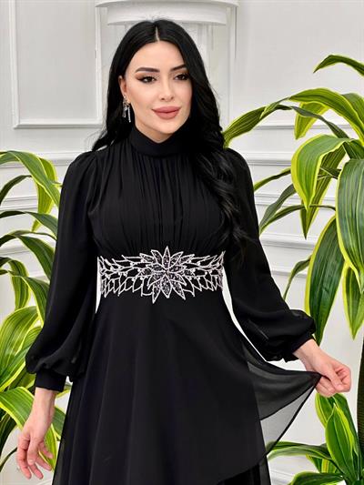 Bel İşleme Kat Kat Şifon Elbise 4521 T-24 Siyah