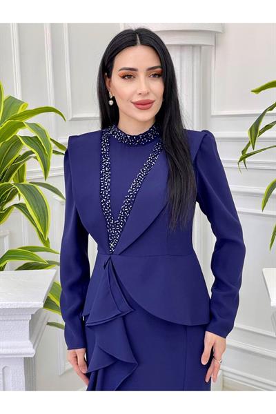 Bel Kapak Volanlı Elbise 3761 Saks