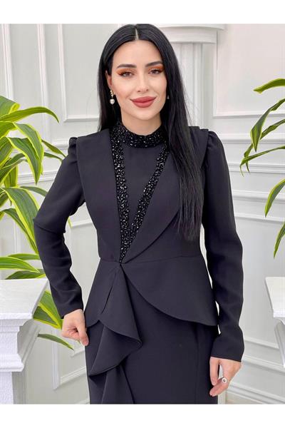 Bel Kapak Volanlı Elbise 3761 Siyah
