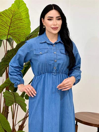 Bel Lastik Cepli Kot Elbise 5245 T-25 Açık Kot