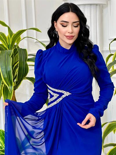 Bel Taş İşleme Şifon Elbise 4532 T-24 Mavi