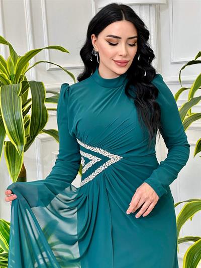 Bel Taş İşleme Şifon Elbise 4532 T-24 Yeşil