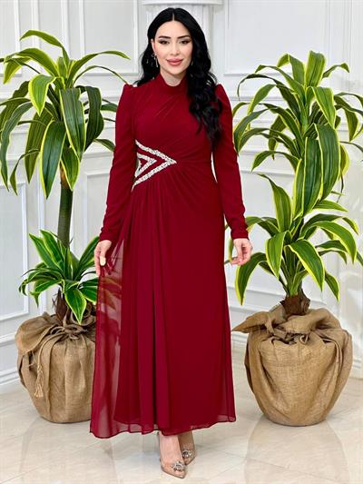 Bel Taş İşleme Şifon Elbise 4532 T-24 Bordo