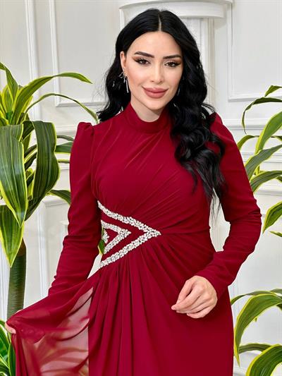 Bel Taş İşleme Şifon Elbise 4532 T-24 Bordo