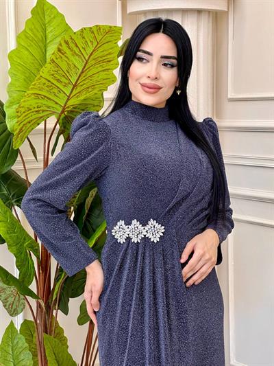 Bel Taş Simli Elbise 20195 t-24 Lacivert