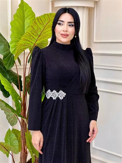 Bel Taş Simli Elbise 20195 t-24 Siyah