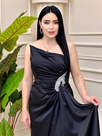 Bel Taş Tek Omuz Saten Abiye 2358 T-24 Siyah