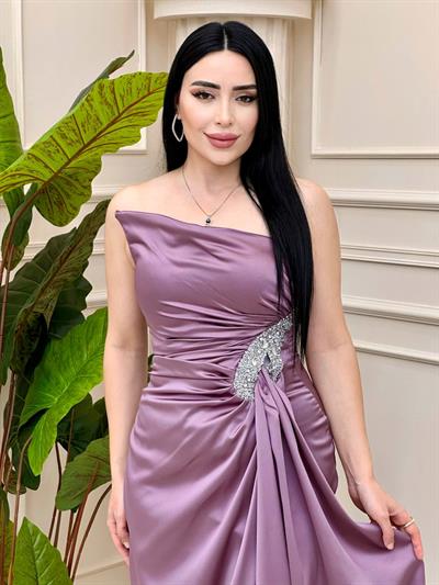 Bel Taş Tek Omuz Saten Abiye 2358 T-24 Leylak