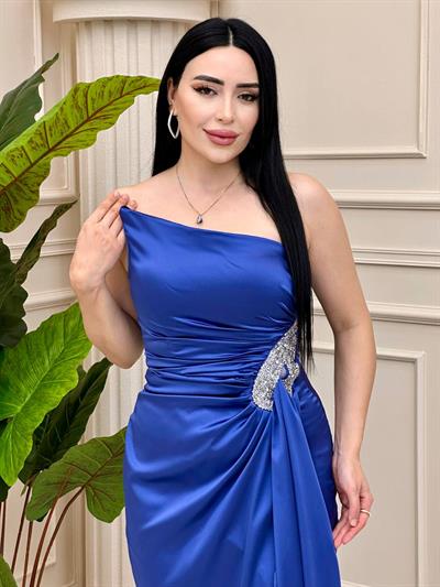 Bel Taş Tek Omuz Saten Abiye 2358 T-24 Mavi