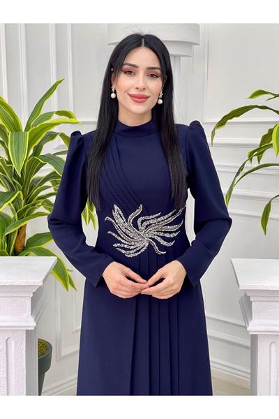 Bel Taşlı Pileli Elbise 1050 Lacivert