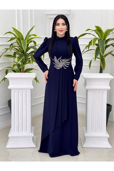 Bel Taşlı Pileli Elbise 1050 Lacivert