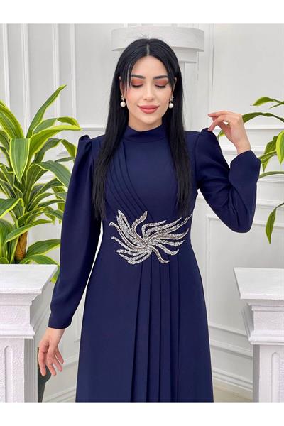 Bel Taşlı Pileli Elbise 1050 Lacivert