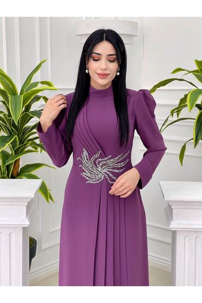 Bel Taşlı Pileli Elbise 1050 Leylak