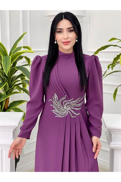 Bel Taşlı Pileli Elbise 1050 Leylak