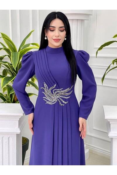 Bel Taşlı Pileli Elbise 1050 Morcivert