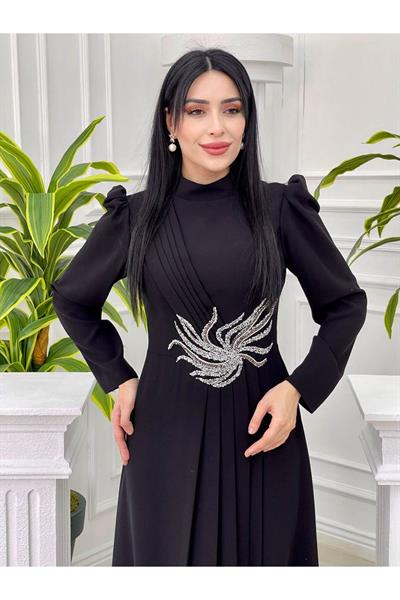 Bel Taşlı Pileli Elbise 1050 Siyah