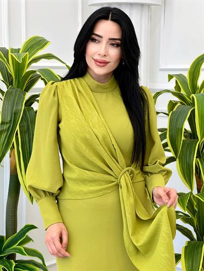 Bel Toka Detay Krep Elbise 12513 t-24 Yağ Yeşili