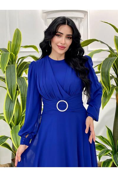 Bel Tokalı Şifon Elbise 12382 Saks