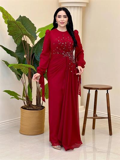Belden Taşlı Tül Abiye 5349 T-25 Bordo