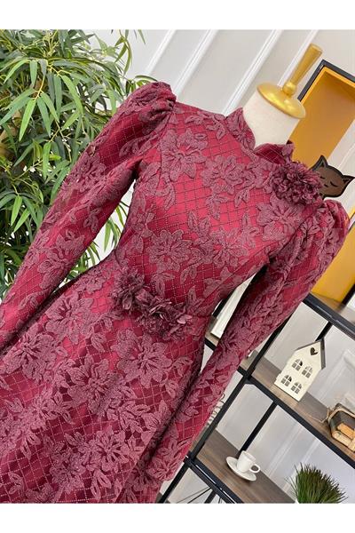 Beli Çiçek Sim Kabartma Abiye 17995 Bordo