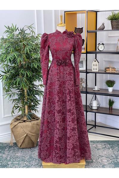 Beli Çiçek Sim Kabartma Abiye 17995 Bordo