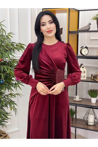Beli İncili Kadife Elbise 3718 Bordo