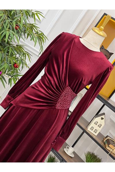 Beli İncili Kadife Elbise 3718 Bordo