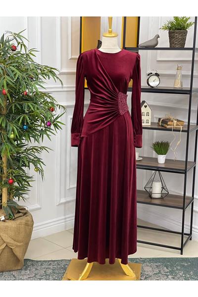Beli İncili Kadife Elbise 3718 Bordo