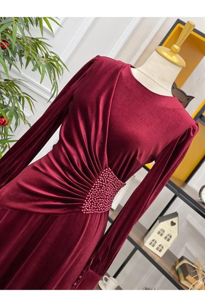 Beli İncili Kadife Elbise 3718 Bordo