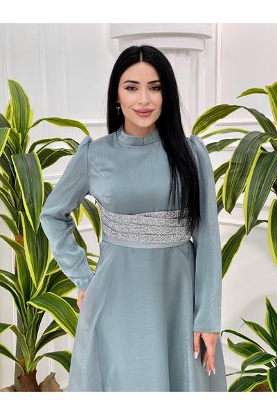 Beli Taşlı Jan Jan Elbise 3812 Mint yeşili