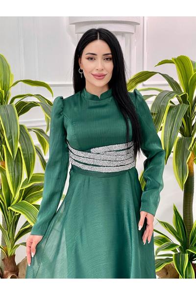 Beli Taşlı Jan Jan Elbise 3812 Yeşil