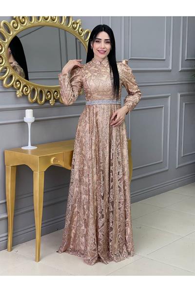 Beli Taşlı Simli Abiye 17641 Gold