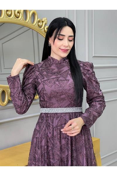 Beli Taşlı Simli Abiye 17641 Leylak