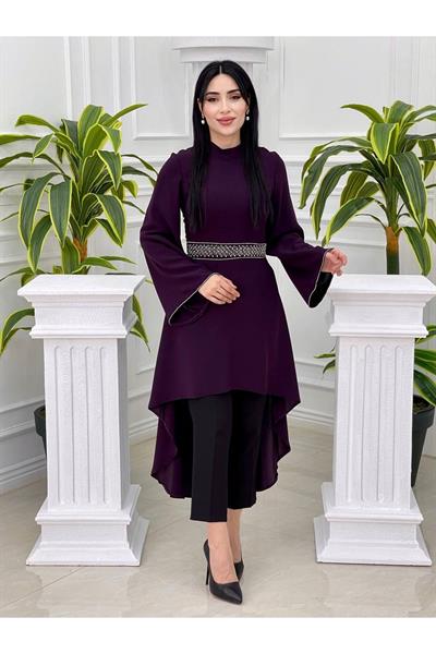 Beli Taşlı Tunik Takım 4704 Mor