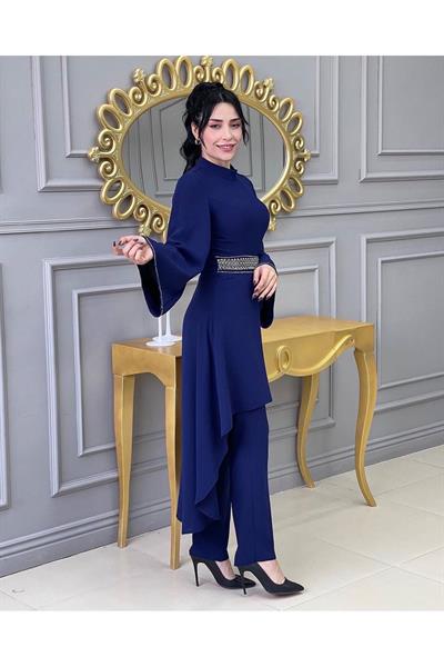 Beli Taşlı Tunik Takım 4704 Saks
