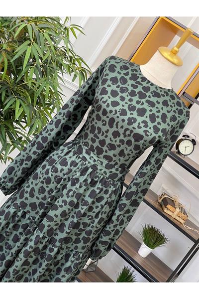 Benekli Saten Elbise 3031 Yeşil