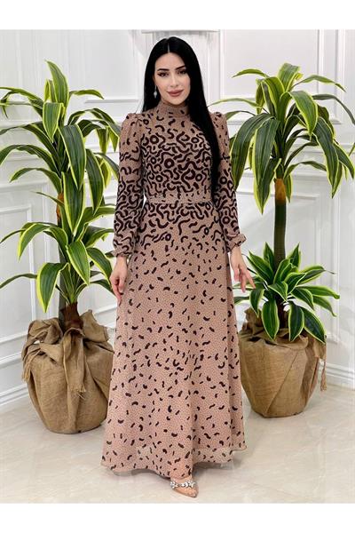 Benekli Şifon Elbise 3946 Camel
