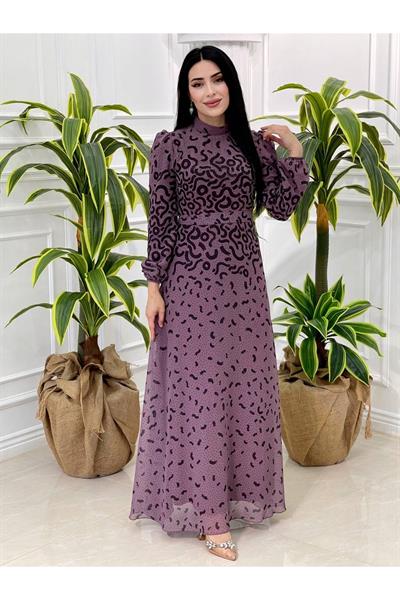 Benekli Şifon Elbise 3946 Leylak