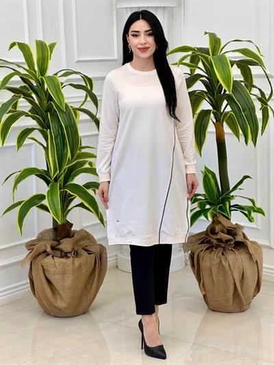 Biyeli Uzun Tunik 7088 Ekru