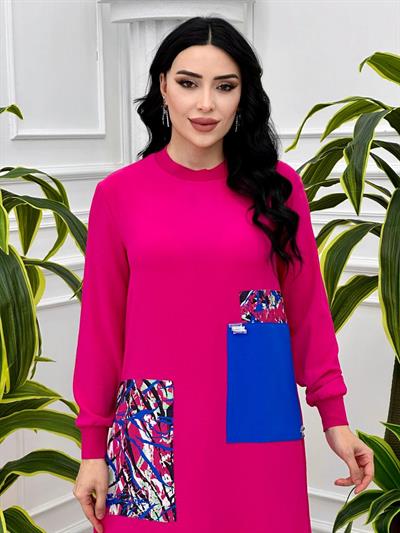 Blok Detay Ayrobin Elbise 12434 T-24 Fuşya