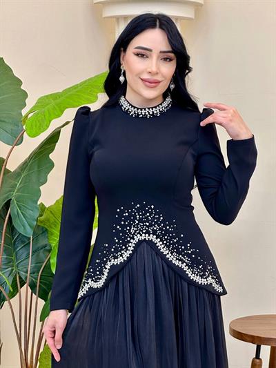 Bluzu Taşlı Organze Etekli Takım 5436 T-25 Siyah