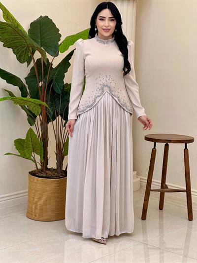 Bluzu Taşlı Organze Etekli Takım 5436 T-25 Bej