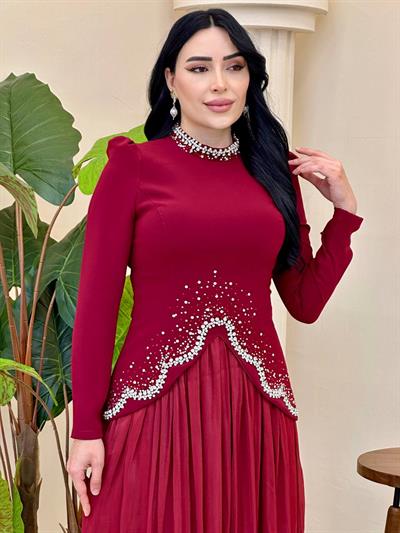 Bluzu Taşlı Organze Etekli Takım 5436 T-25 Bordo
