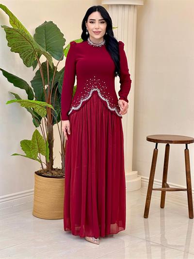 Bluzu Taşlı Organze Etekli Takım 5436 T-25 Bordo