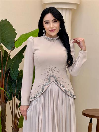 Bluzu Taşlı Organze Etekli Takım 5436 T-25 Bej